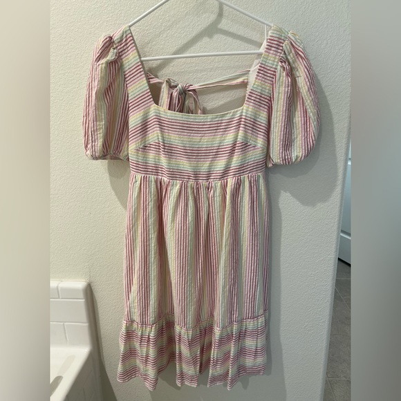 Striped rainbow Dress with Puff Sleeves - Picture 1 of 6